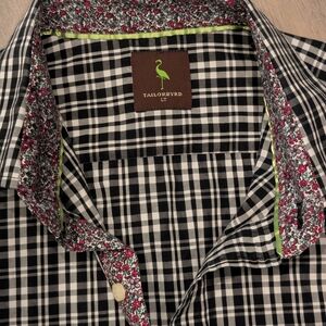 Tailorbyrd Black and White Men's Plaid Shirt with Floral Detail Size Large